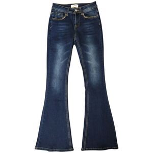 Bamboo Distressed Stretch Flare Leg Mid-Rise Dark Wash Blue Jeans Size 1 Junior